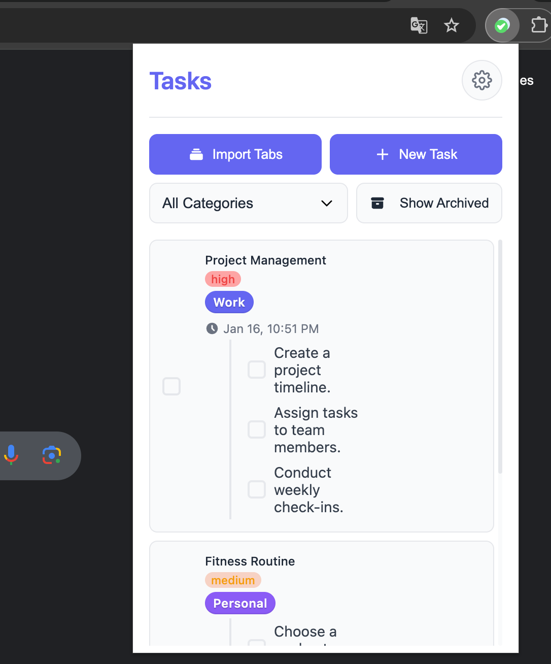 Quick access popup interface