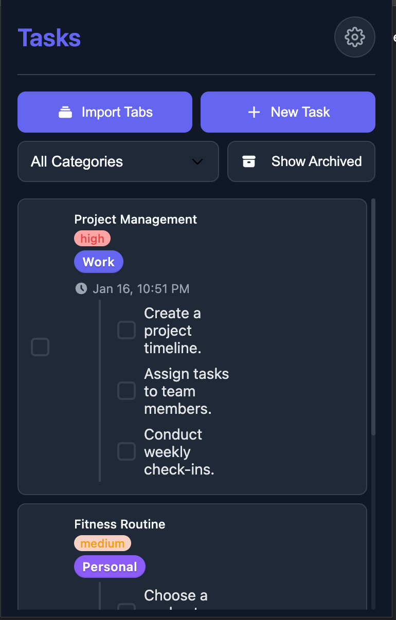 Settings panel interface